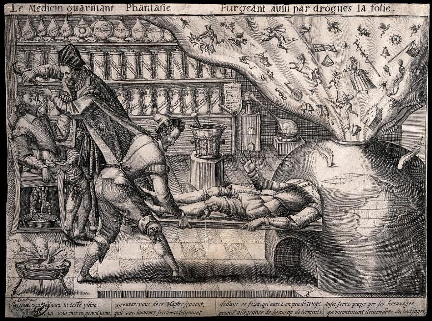 A surgery where all fantasy and follies are purged and good qualities are prescribed. Line engraving by M. Greuter, c. 1600. Greuter, Mathieu, 1564?-1638.