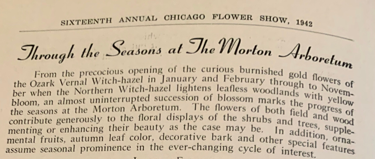 Photo of article that reads in part "Through the Seasons at the Morton Arboretum, Sixteenth Annual Chicago Flower Show, 1942"