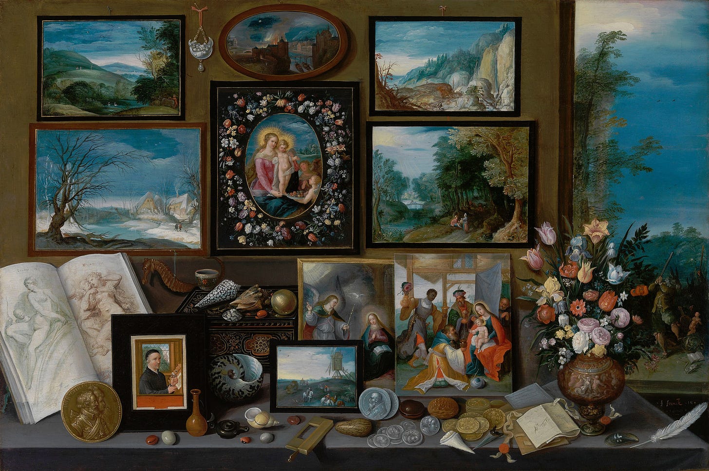 Frans Francken the Younger - The cabinet of a collector with paintings, shells, coins, fossils and flowers - 1619.jpg