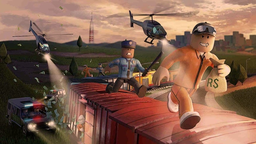 Imagem mostra um cenário virtual, com um boneco trajado de policial correndo atrás de outro boneco, que carrega um saco de dinheiro em uma das mãos. Os dois correm sobre vagões de um trem. Na cena, há carros de polícia, helicópteros e cédulas de dinheiro voando.