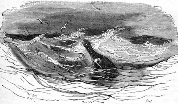 This romanticized Édouard Riou drawing of a message in a bottle was included in Jules Verne's 1860s book In Search of the Castaways. (Public Domain)