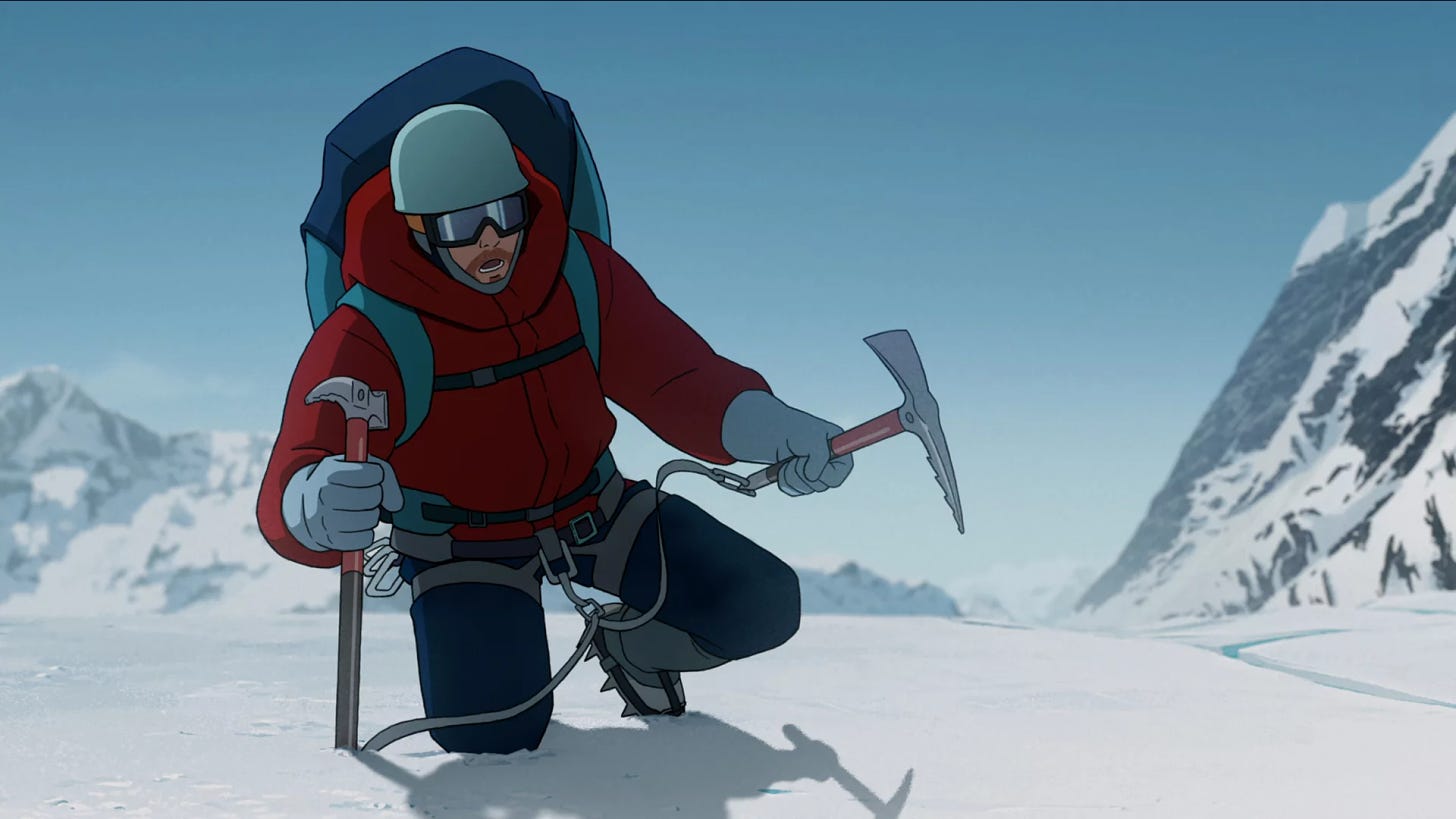 Habu in full climbing gear with his two ice axes.