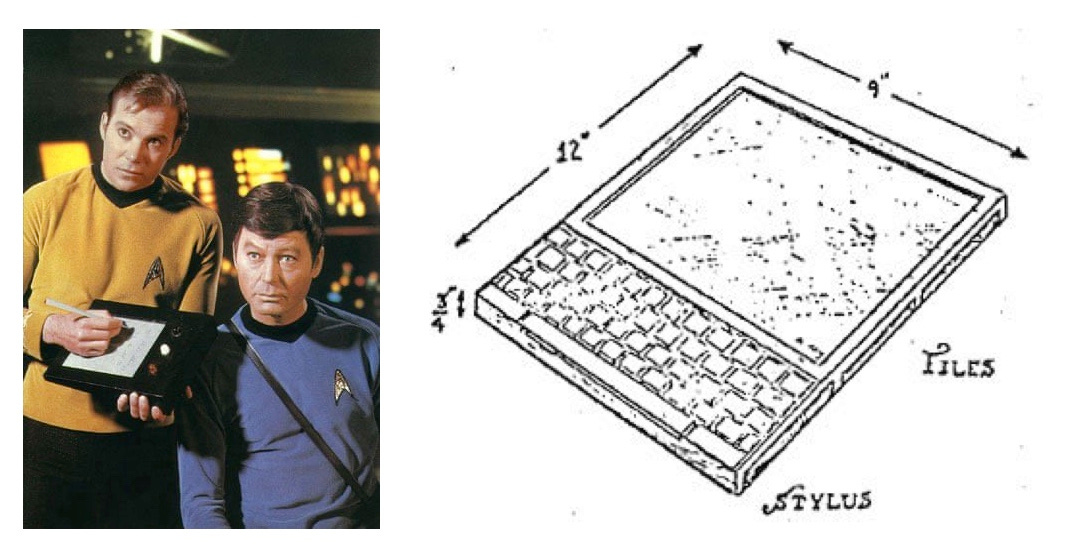Two images: Captain Kirk writing on a tablet next to Dr. McCoy, second is a sketch or drawing of the Dynabook that looks a bit like a Blackberry and also includes a stylus.