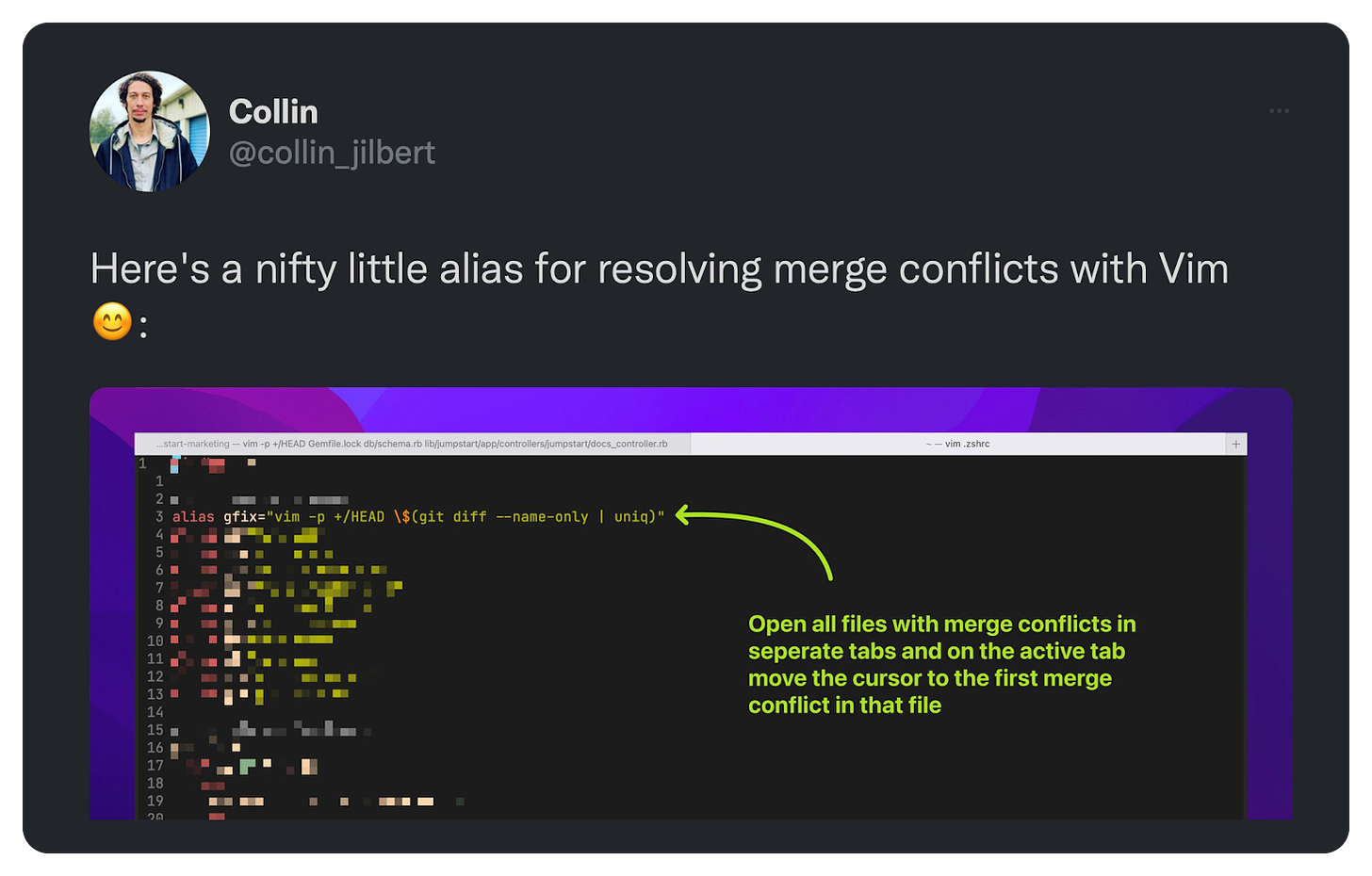 Here's a nifty little alias for resolving merge conflicts with Vim 😊: 