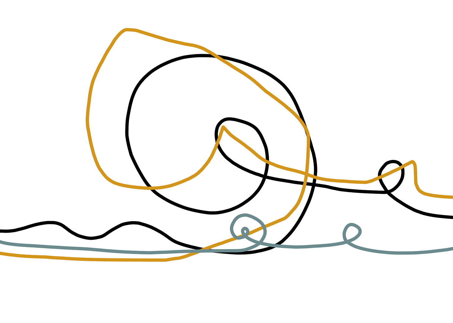 The dark swirl from the first drawing is overlayed with one yellow and one teal line. The yellow line has sharper and longer turns, the teal line mimics the shape but stays at a very low intensity in smaller swirls and loops.