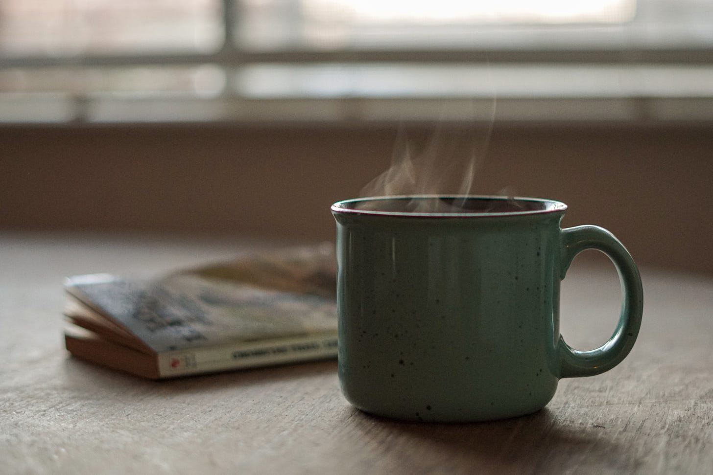 A steaming mug of coffee and a book by a window.