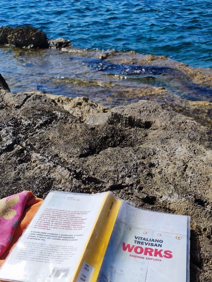 Foto di un libro appoggiato su una scogliera. Sullo sfondo il mare azzurro. Davanti un libro aperto su un telo mare arancione. Il libro è "Works" di Vitaliano Trevisan