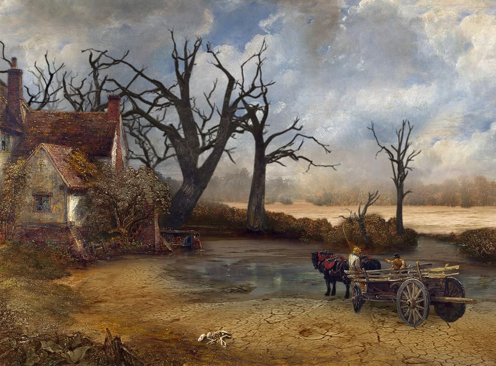 <p>John Constable’s ‘The Hay Wain' (1821) has been re-imagined to illustrate the green riverside scene changinh to a barren and scorched earth landscape, depicting the dangers of global warming</p>