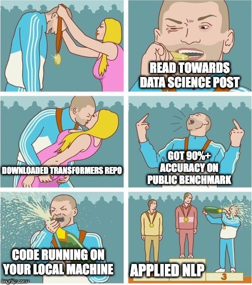 Bronze Medal |  READ TOWARDS DATA SCIENCE POST; GOT 90%+ ACCURACY ON PUBLIC BENCHMARK; DOWNLOADED TRANSFORMERS REPO; CODE RUNNING ON YOUR LOCAL MACHINE; APPLIED NLP | image tagged in bronze medal | made w/ Imgflip meme maker