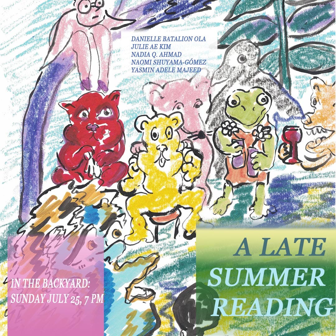 A Late Summer Reading In the Backyard Sunday July 25, 7pm