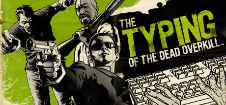 Arte de Typing of the Dead: Overkill. Da esquerda pra direita, de forma desenhada: um zumbi, um homem negro com uma espingarda, um homem branco apontando uma pistola, o nome do jogo e mãos digitando em um teclado.