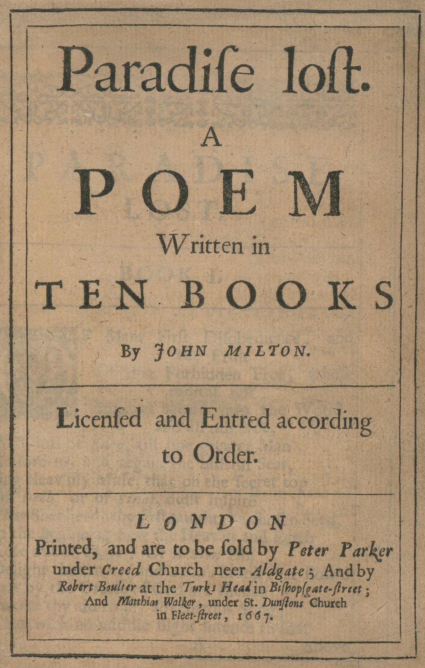 Frontispício da primeira edição de “Paraíso Perdido”, de John Milton, 1667.