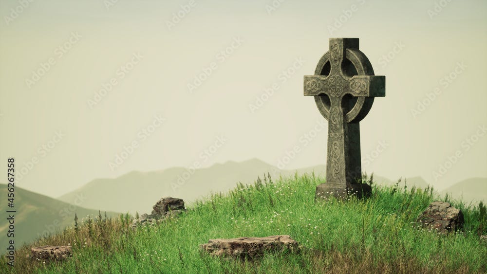 Celtic cross on top of a green hill with misty landscape. Fantastic 3D  illustration. Stock 写真 | Adobe Stock