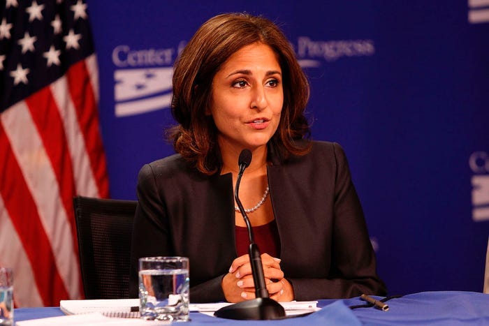 CAP President Neera Tanden moderates the "Why Women's Economic Security Matters For All" panel discussion at The Center For American Progress on September 18, 2014 in Washington, DC.