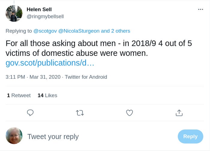 Tweet keeping the focus on abused women, not wanting to talk about abused men