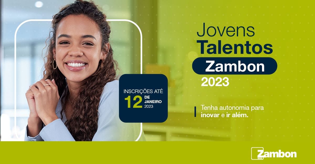Jovens Talentos Zambon 2023. Tenha autonomia para inovar e ir além. Inscrições até 12 de janeiro de 2023. Jovem negra de cabelos compridos e camisa social sorri.