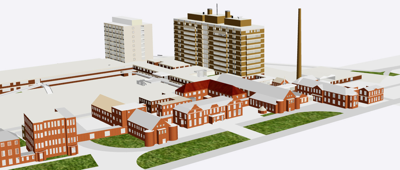 3d sketch of Norfolk & Norwich Hospital before main block building was demolished; you can see the Victorian entrance building in the foreground, now called the ‘Pavilion’. 