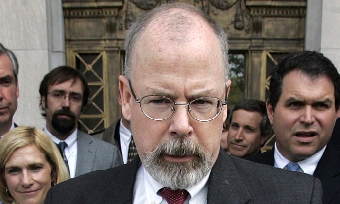 John Durham speaks to reporters on the steps of U.S. District Court in New Haven, Conn., on April 25, 2006. (Bob Child/AP Photo)
