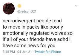 Vellum and Vinyl - Twitter user @redsun021: neurodivergent people tend to  move in packs like poorly emotionally regulated wolves so if all of your  friends have adhd i have some news for
