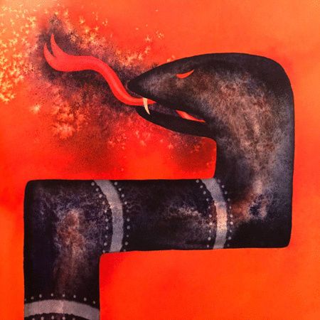Animated loop from the book “We are Water Protectors” by Carole Lindstrom and Michaela Goade. The first frame is a black snake on a red background, the second frame is black pipeline on a red background and says “Now the black snake is here. Its venom burns the land. Courses through the water, Making it unfit to drink.”