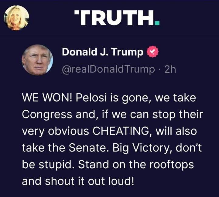 May be a cartoon of 2 people and text that says 'TRUTH. Donald J. Trump @realDonaldTrump 2h WE WON! Pelosi is gone, we take Congress and, if we can stop their very obvious CHEATING, will also take the Senate. Big Victory, don't be stupid. Stand on the rooftops and shout it out loud!'
