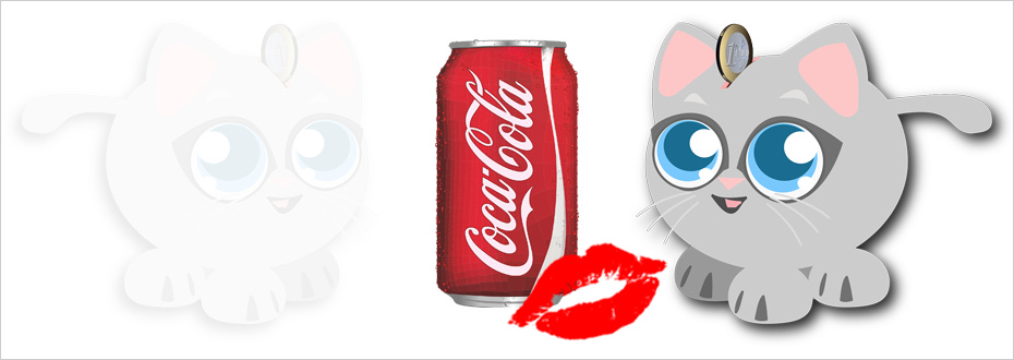 Two cartoon cats sit next to a can of Coca-Cola with red lipsticked lips overlaid on top.