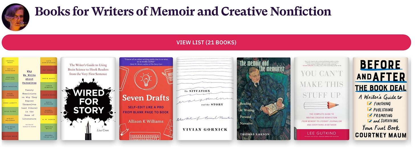 Picture of a row of books with the title above, "Books for Writers of Memoir and Creative Nonfiction." A few of the book titles that you can read are: Seven Drafts, You Can't Make This Stuff Up, and Before and After the Book Deal