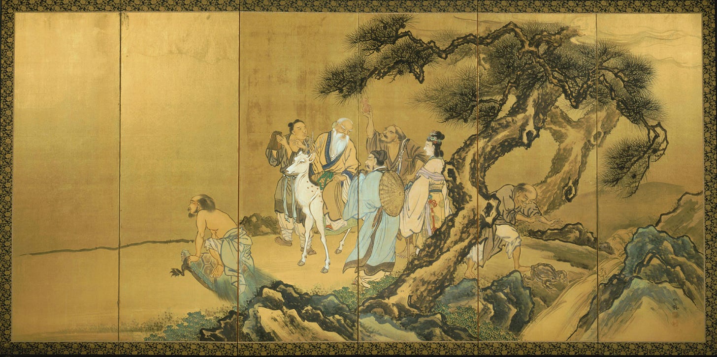 Painting of the Eight Immortals under a tree symbolizing longevity