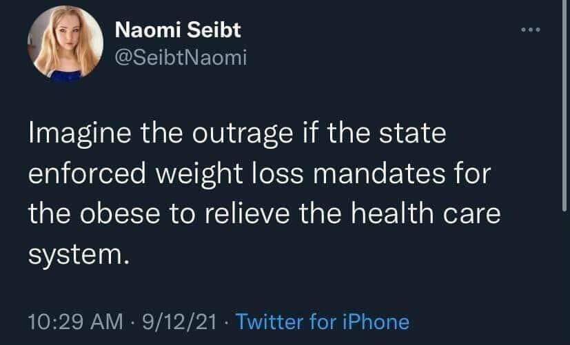 May be a Twitter screenshot of text that says 'Naomi Seibt @SeibtNaomi Imagine the outrage if the state enforced weight loss mandates for the obese to relieve the health care system. 10:29 AM. 9/12/21 Twitter for iPhone'