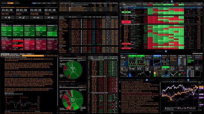 A screen filled with area charts, line charts, bar charts, pie charts, and tables full of numbers. Everything is squeezed together with green and red being the most common colors (with a black background).