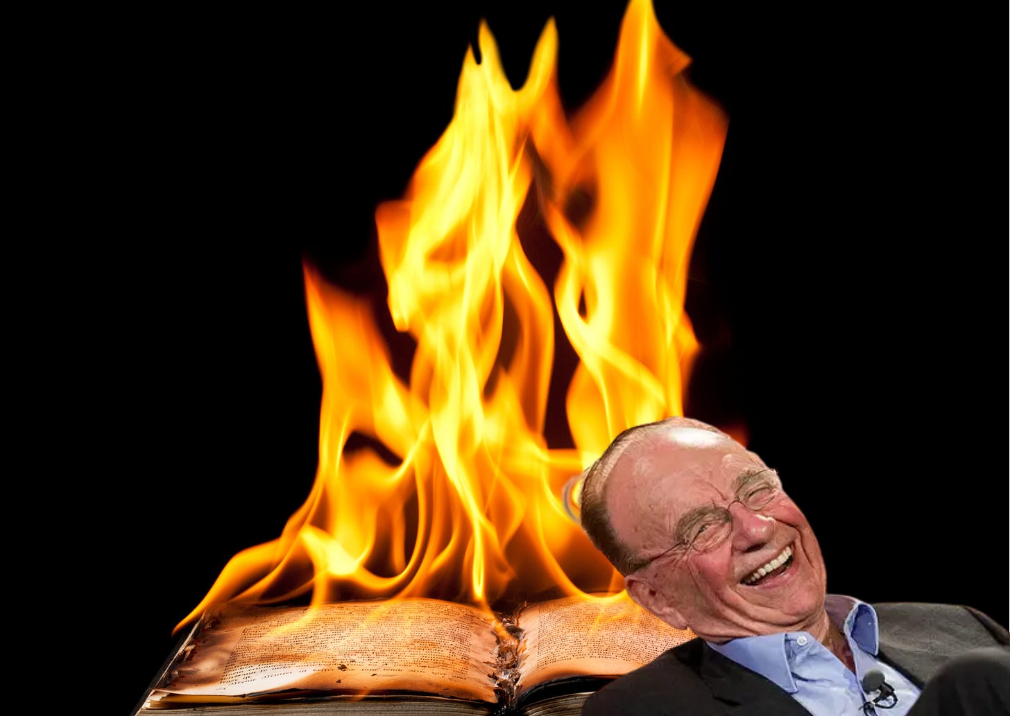 Rupert Murdoch in front of a burning book