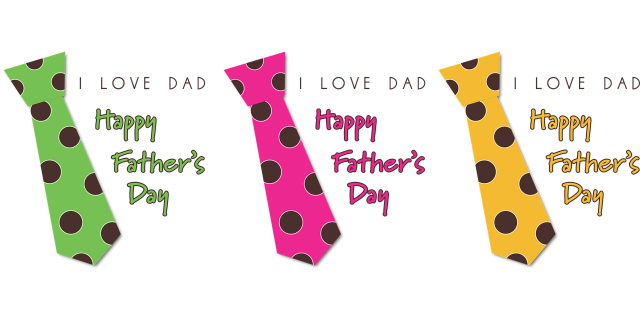 Graphic showing three bright polka dot ties with text that reads "I Love Dad" and "Happy Father's Day" 
