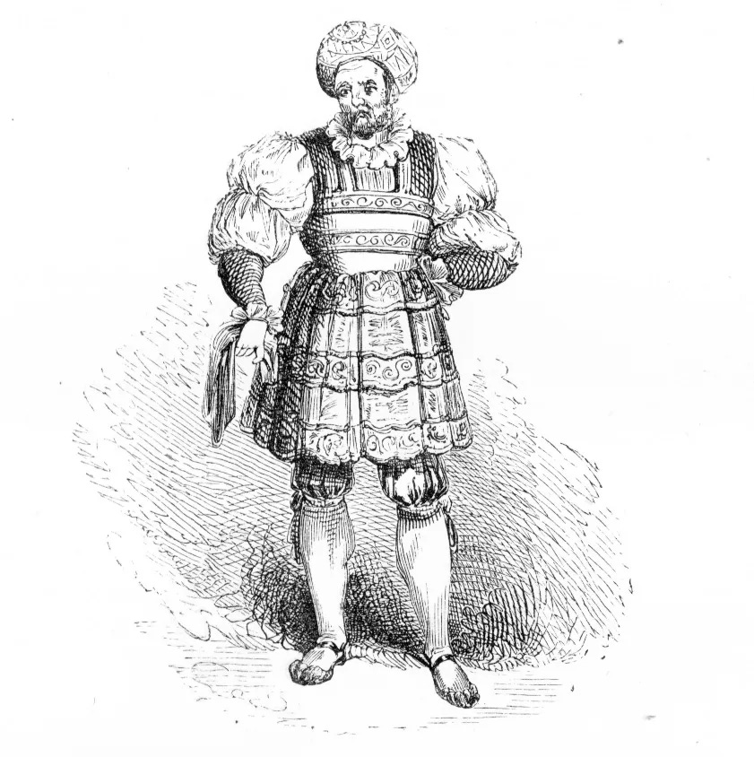 Black and white etching of a man in Renaissance Italian garb.