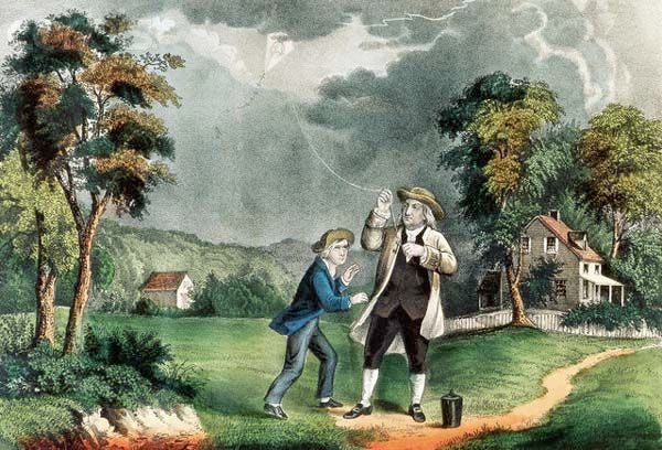 Ben Franklin&#39;s Lightning Experiment - image by Currier and Ives |  Historical illustration, Currier and ives, Americana art
