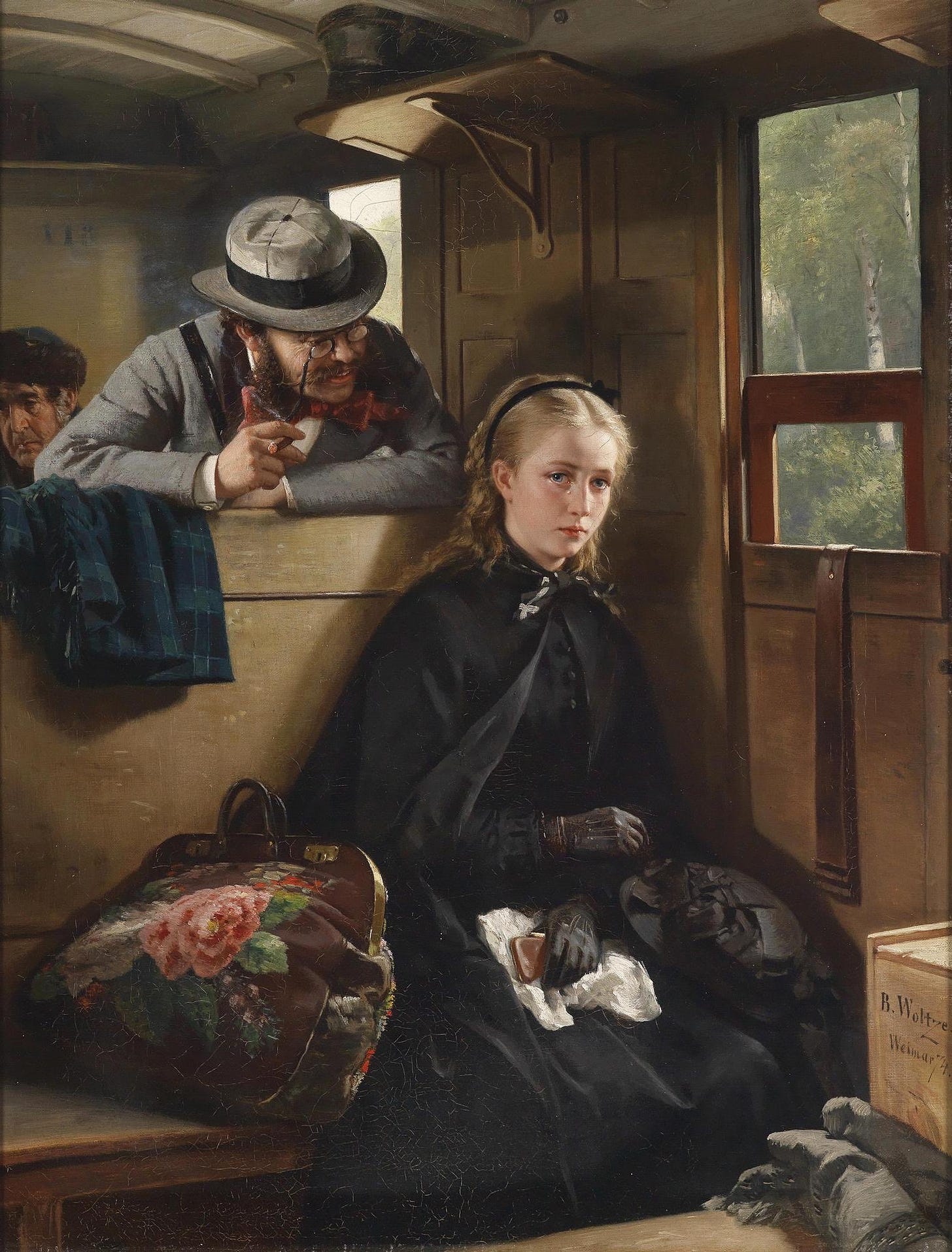 A teenage girl sits alone in a railway carriage. She is looking very uncomfortable, perhaps distressed. Leaning over from the seat behind is a leering talking man, invading her space.