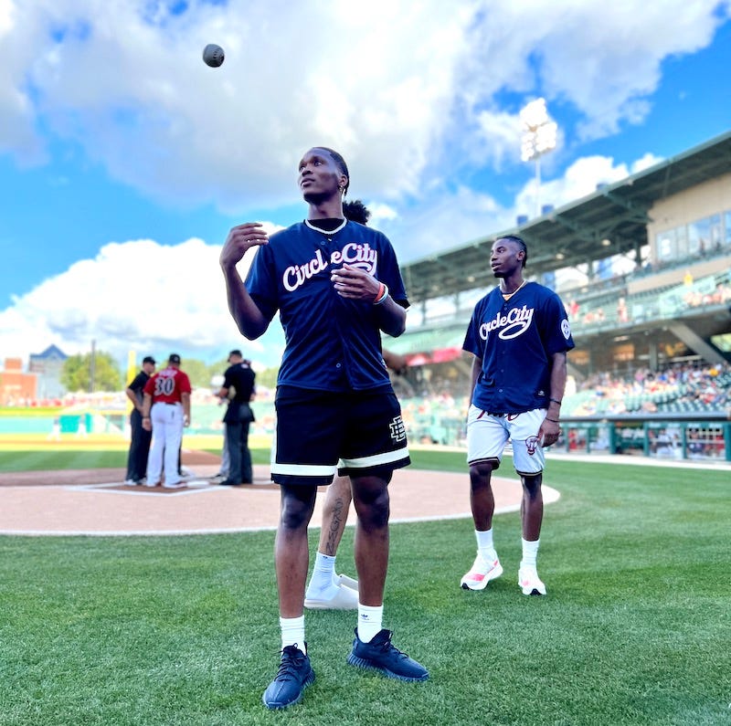 Bennedict Mathurin looked in his element tossing a baseball before the Indianapolis Indians game.