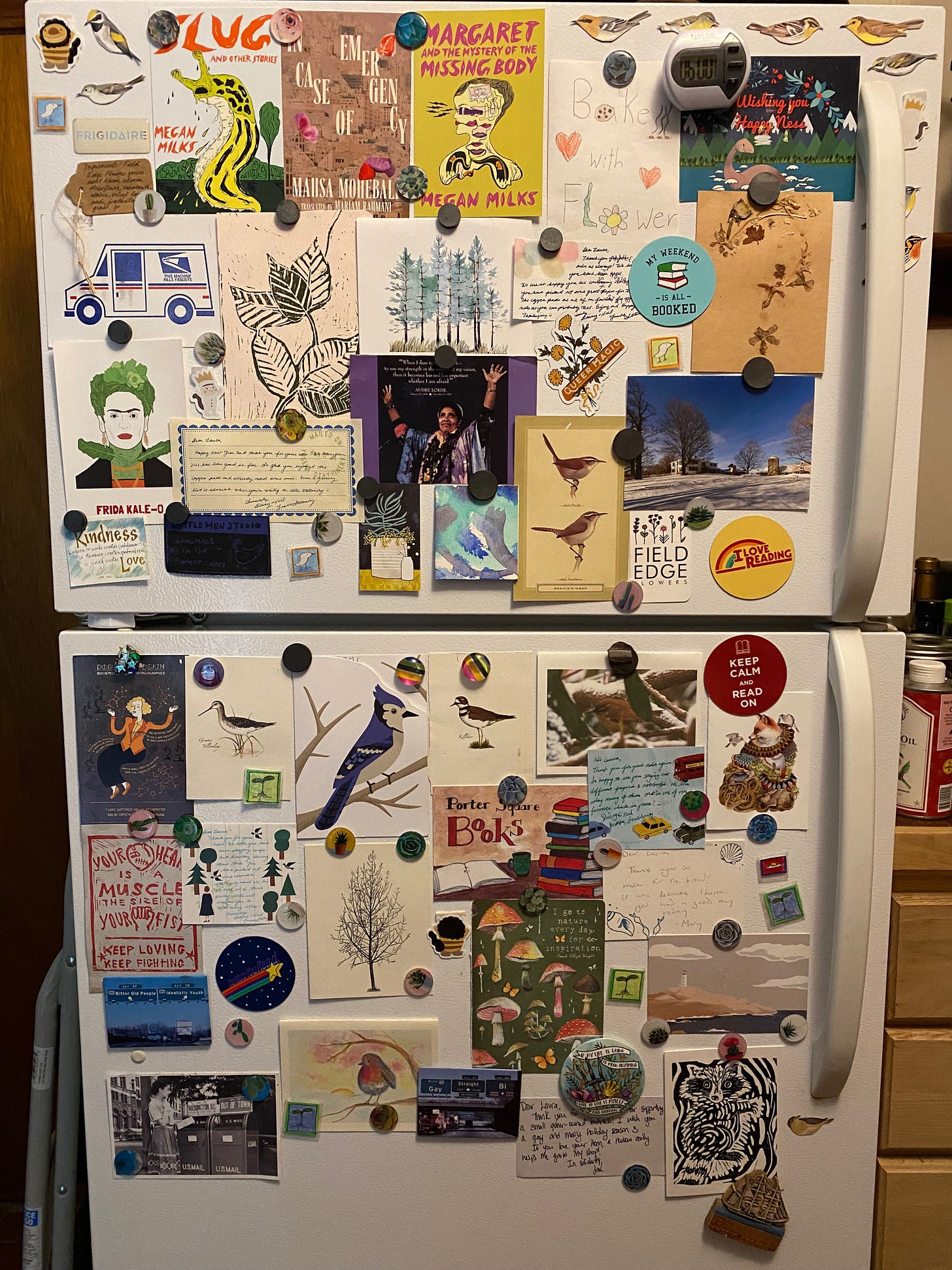 Closeup of a white fridge completely covered in colorful cards, postcards, kids’ drawings, and magnets. There are many notecards with bird illustrations, a few book-themed magnets, a postcard with a quote from Audre Lorde, and many handwritten notes.