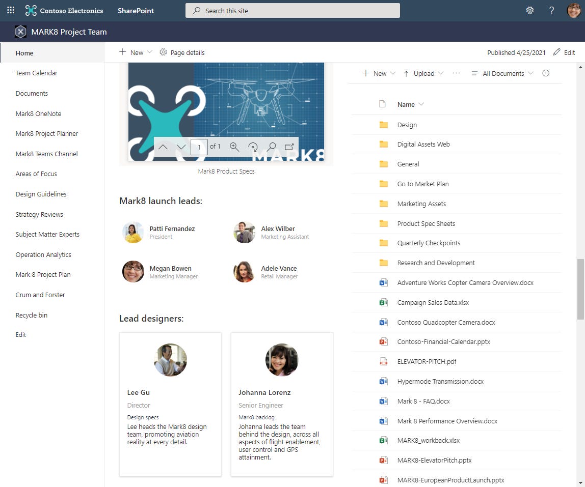Use the People web part on SharePoint site pages or news to highlight specific people in your organization. This example showcases the “Mark8 launch leads”.