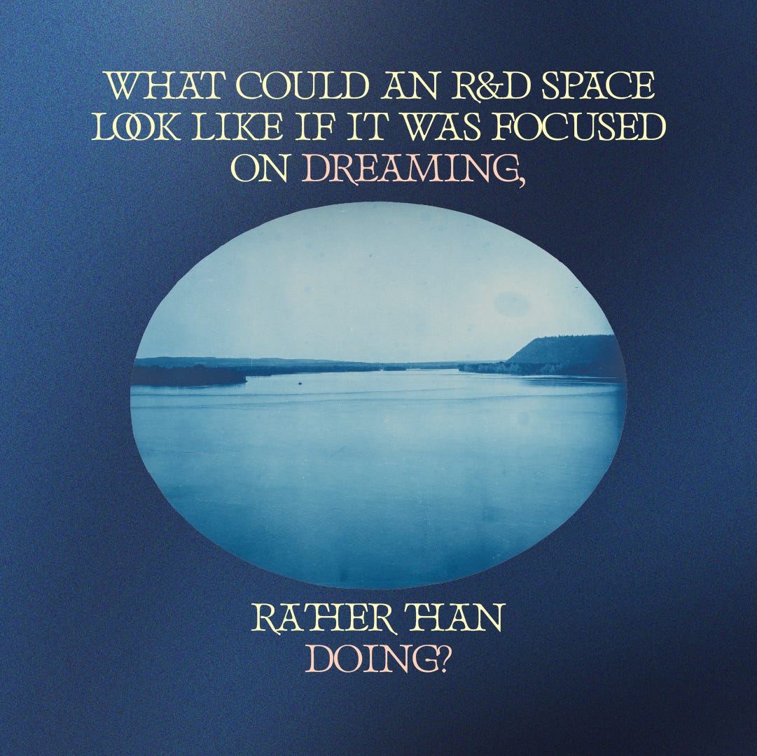 Over a soft, deep blue background, text reading “What could an R&D space look like if it was focused on dreaming, rather than doing?” sits above and below a vintage cyanotype photograph of a serene lake