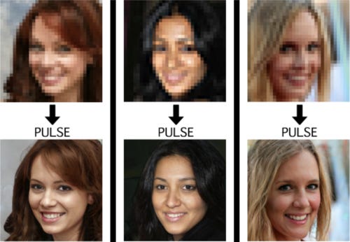 Three pixellated faces are turned into higher-resolution versions. The higher-resolution images look pretty realistic, even if there are small weirdnesses about their teeth and hair