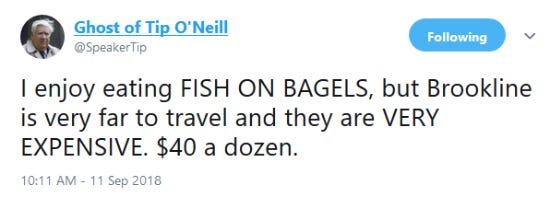 Screenshot of a funny tweet about bagels and politics and Tip O'Neill