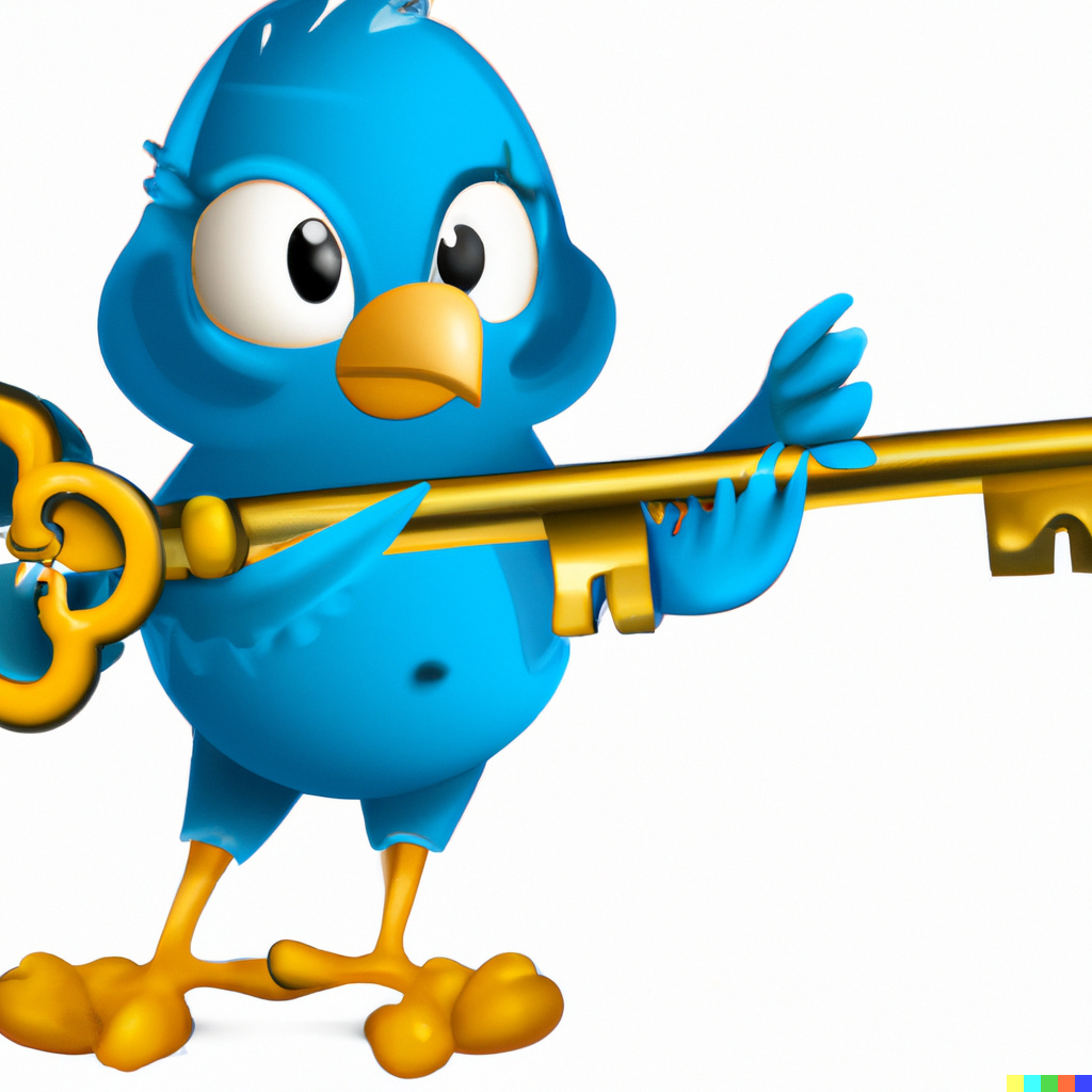 “cartoon blue bird turning a key in a lock” / DALL-E