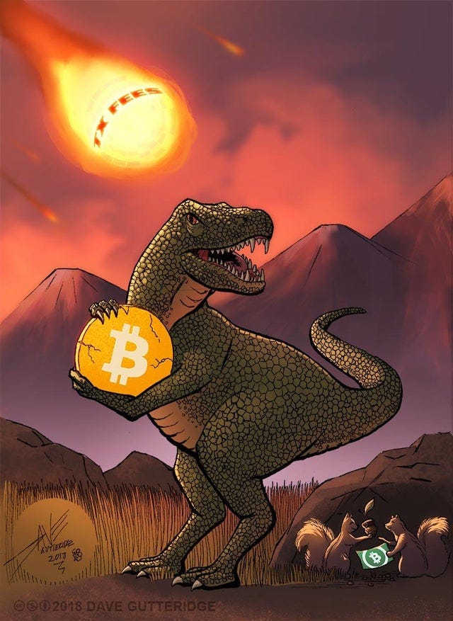 r/btc - As requested, a picture of a dinosaur holding Bitcoin, while mammals are poised to adapt for the future