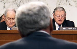 Sen. Inhofe delivers his opening statement Wednesday at a Senate Armed Services Committee hearing while Secretary of Defense Chuck Hagel awaits his turn to testify before the committee on the FY'15 defense budget.