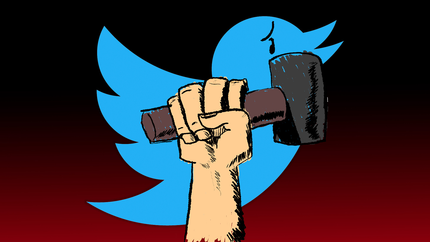 A drawing of a hand holding a hammer in front of the Twitter logo