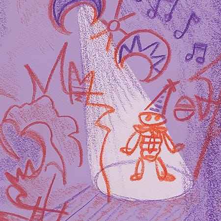 a still image of an orange line drawing of a clown stepping into the spotlight on a purple background, zoomed in from the gif above.