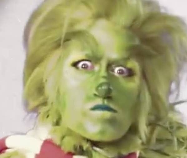 A closeup of Matthew Morrison as the Grinch