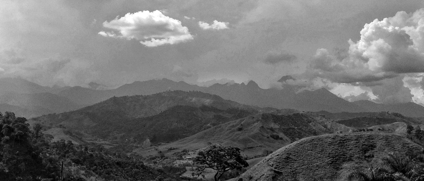 Long shot of Colombian coffee farms with mountains in the distance.