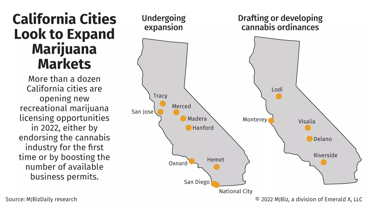 Map showing where California cities are looking to expand marijuana markets