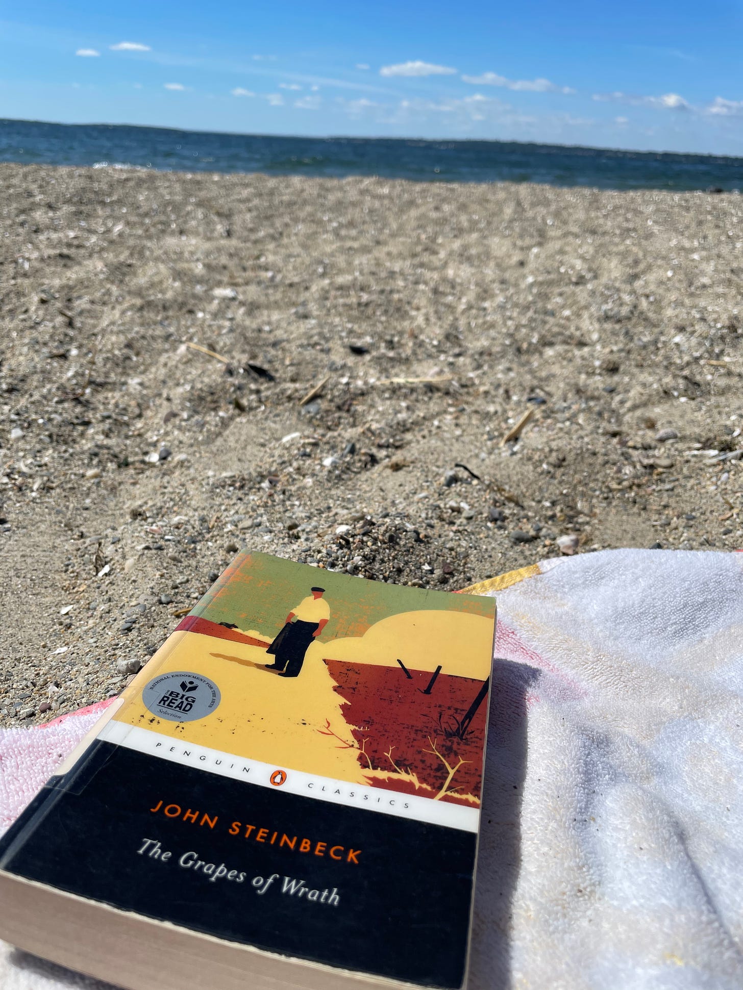 A book "The Grapes of Wrath" sits on a white towel on a sandy, rocky beach. In the distance, the blue ocean meets the horizon of a blue sky.